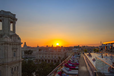 Buildings in city during sunset