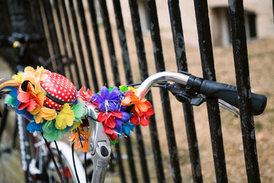 Close-up of multi colored decoration on bicycle 