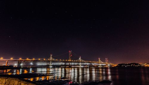 Illuminated suspension bridge at night