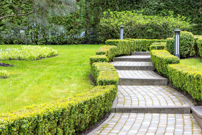 A paved step path passes through a green lawn with a flower bed, framed on both sides by cut bushes.