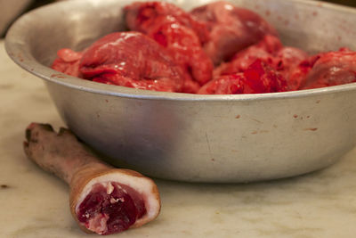 Close-up of meat in bowl on table