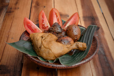 High angle view of food served on table