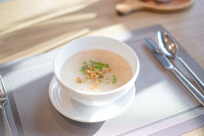 High angle view of soup in bowl on table