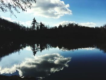 Scenic view of lake by trees against sky