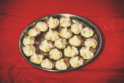 High angle view of fruits in bowl on table