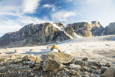 Scenic view of snowcapped mountains against sky