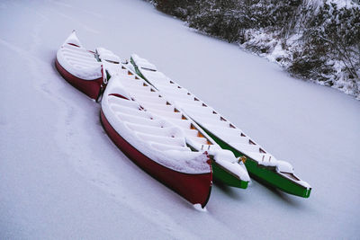 High angle view of snow on field by river