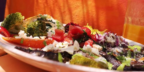 Close-up of served fruit salad in plate