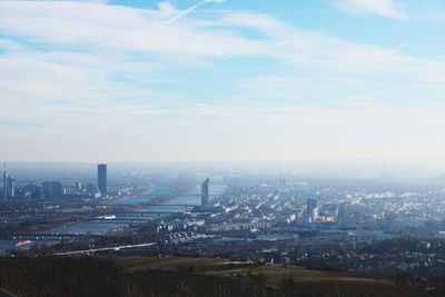 High angle view of city against sky