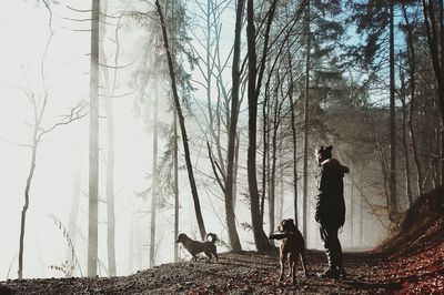 Man with dog walking in forest during winter