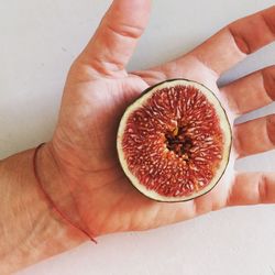 High angle view of hand holding fruit on table