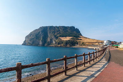 Scenic view of sea against clear blue sky