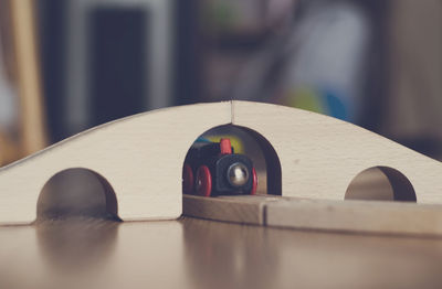 Close-up of toy train on table