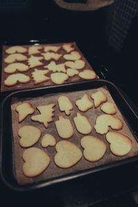 High angle view of cookies in tray