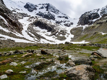 Scenic view of stream amidst snowcapped mountains against sky