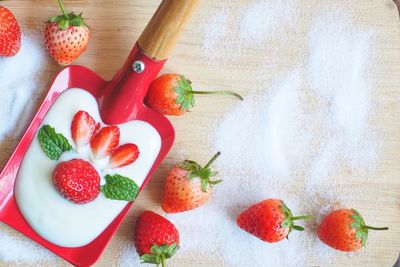 High angle view of chopped fruits on table