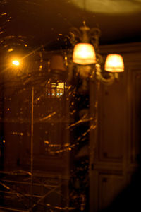 Illuminated lights seen through glass at night