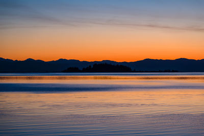 Scenic view of lake against clear sky during sunset