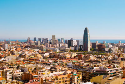 High angle view of cityscape against blue sky