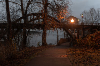 Illuminated street by river at night