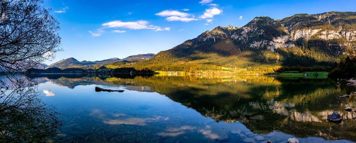 Scenic view of lake by mountains against sky