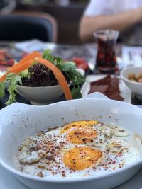 Close-up of breakfast served on table