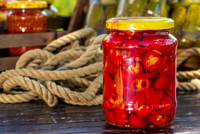 Close-up of drink in bottles on table