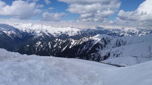 Scenic view of snowcapped mountains against sky