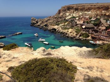 High angle view of boats in sea