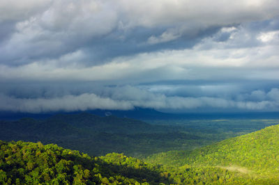 Aerial view rain storms and black clouds moving over the mountains in the north of thailand, 