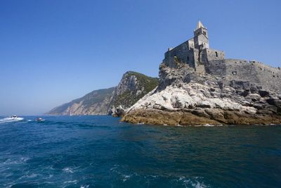 Scenic view of sea against clear blue sky