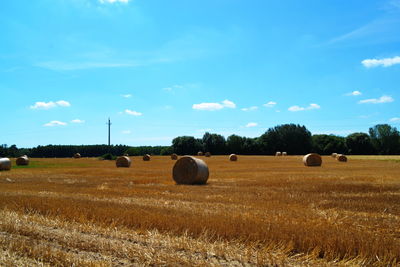 Hay bales on field against sky