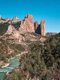 Rock formations on landscape against clear sky