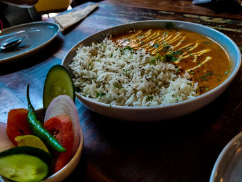 High angle view of meal served on table