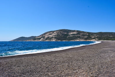 Scenic view of sea against clear blue sky