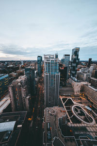 High angle view of buildings against sky in city