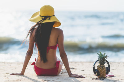 Rear view of woman in bikini on beach