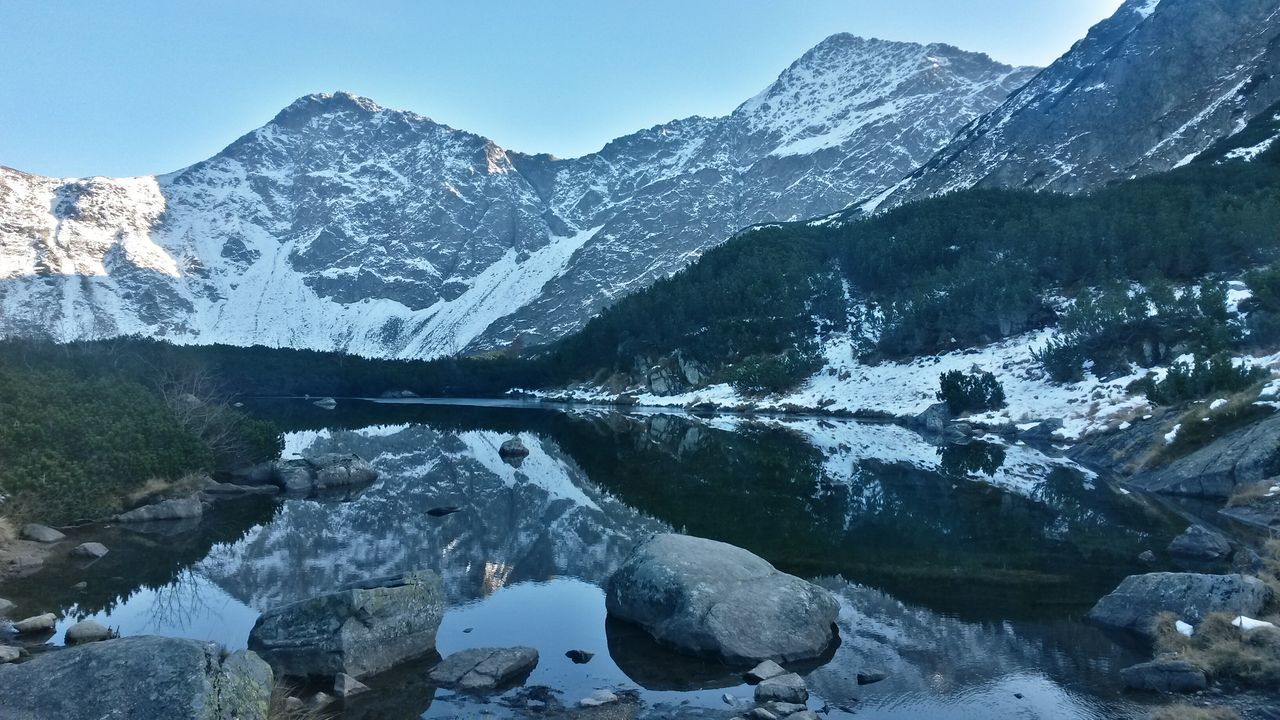 reflection, mountain, water, beauty in nature, scenics, nature, tranquility, mountain range, outdoors, no people, day, tranquil scene, landscape, snow, tree, sky, mammal