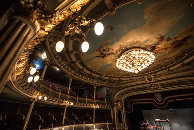 Low angle view of illuminated chandelier in building