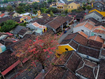 High angle view of houses in town