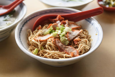 Close-up of soup in bowl on table