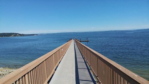 Pier over sea against clear blue sky