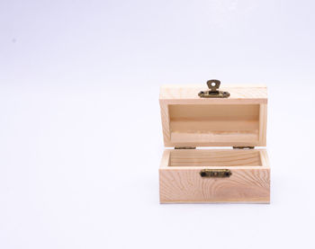 High angle view of box against white background