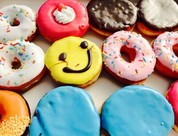 High angle view of donuts on table