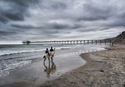 Dog on beach against cloudy sky