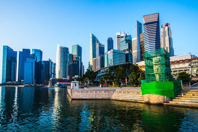City by river against clear blue sky