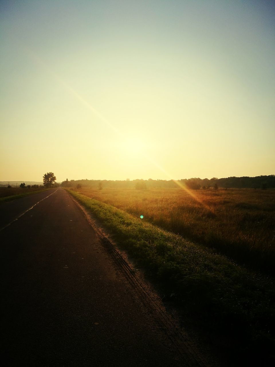 ROAD PASSING THROUGH FIELD AGAINST CLEAR SKY DURING SUNSET