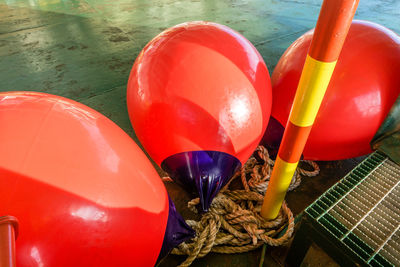 High angle view of buoy on deck