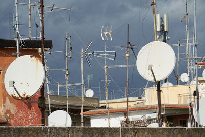 Satellite dishes of parabolic antennas on building roofs