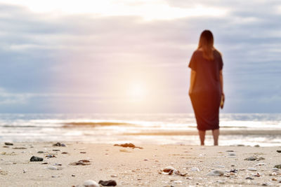 Rear view of man standing on beach against sky